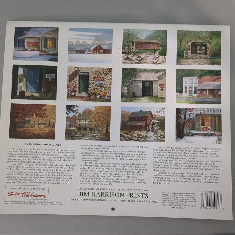 2000 Coca Cola Coke Wall Calendar Barns Bridges Country Stores, Jim Harrison Art